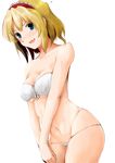  alice_margatroid beegle blonde_hair blue_eyes blush bra breasts cleavage groin hairband highres lowleg lowleg_panties medium_breasts panties short_hair simple_background solo touhou underwear underwear_only v_arms white_background white_bra white_panties 