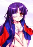  bikini blush breasts brown_eyes cleavage eyepatch jacket jacket_on_shoulders jpeg_artifacts koshiki_miyuki letterman_jacket little_busters! long_hair medium_breasts open_clothes open_jacket parted_lips purple_hair solo swimsuit zen 