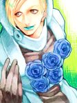  akizuki_hakuto blonde_hair blue_flower blue_rose brown_eyes doctor_ferdinand flower hood jojo_no_kimyou_na_bouken lipstick makeup male_focus rose solo steel_ball_run tegaki 