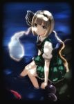  96tuki aqua_eyes blue_eyes fish goldfish hair_ribbon konpaku_youmu konpaku_youmu_(ghost) looking_at_viewer md5_mismatch puffy_sleeves ribbon shadow shirt short_hair short_sleeves silver_hair sitting skirt skirt_set smile soaking_feet solo touhou vest water 