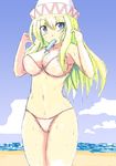  beach bikini blonde_hair blue_eyes blush breasts day food hat highres ice_cream large_breasts lily_white long_hair looking_at_viewer mouth_hold navel popsicle shiny shiny_skin sketch solo swimsuit touhou water wet yo!_(amaysenso) 