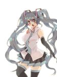  blush elbow_gloves gloves hatsune_miku highres long_hair necktie open_mouth rattorun skirt solo thighhighs twintails very_long_hair vocaloid white_background 