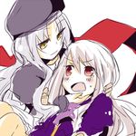  caren_hortensia fang fate/hollow_ataraxia fate/stay_night fate_(series) hand_on_another's_face hat illyasviel_von_einzbern lowres multiple_girls open_mouth red_eyes shio_kuzumochi sweatdrop white_hair yellow_eyes 
