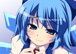  blue_eyes blue_hair bow cirno dutch_angle face gradient gradient_background hair_bow light_frown looking_at_viewer masiromu short_hair simple_background solo touhou upper_body wings 