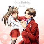  1girl birthday blue_eyes brown_hair dated facial_hair fate/zero fate_(series) father_and_daughter flower formal goatee happy_birthday holiday-jin rose suit thighhighs toosaka_rin toosaka_tokiomi twintails 