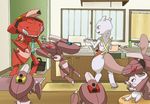  apron child cooking enohito genesect kitchen mewtwo naked_apron necktie nintendo pokemon shiny_pokemon window 