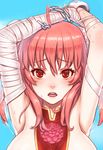  armpits arms_up bandages blush breasts bun_cover chain cuffs double_bun eyebrows_visible_through_hair flower ibaraki_kasen large_breasts md5_mismatch open_mouth pink_flower pink_hair pink_rose red_eyes remana rose sexually_suggestive short_hair simple_background solo tabard touhou 