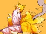  1girl aharan animal_ears blonde_hair blush brushing comb fox_ears fox_tail multiple_tails no_hat no_headwear short_hair sitting solo_focus tail tail_brushing tears touhou wariza yakumo_ran yellow_eyes 