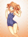  absurdres bare_legs bare_shoulders barefoot blush breasts cameltoe collarbone covered_nipples green_eyes highres idolmaster idolmaster_(classic) one-piece_swimsuit open_mouth orange_hair racer_(magnet) school_swimsuit short_hair small_breasts solo swimsuit takatsuki_yayoi twintails 