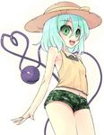  camouflage camouflage_shorts green_eyes green_hair hat heart heart_of_string komeiji_koishi open_mouth ringed_eyes shamo_(koumakantv) short_hair short_shorts shorts simple_background solo tank_top third_eye touhou white_background 