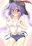  absurdres blush breasts cleavage collarbone covering covering_breasts hat hat_ribbon highres kuzumomo large_breasts looking_at_viewer nagae_iku one-piece_swimsuit purple_hair red_eyes ribbon school_swimsuit shawl solo swimsuit swimsuit_pull touhou towel underboob wavy_mouth 