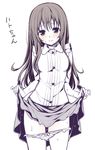  blush copyright_request long_hair monochrome oryou panties panty_pull skirt skirt_lift solo underwear 