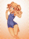  absurdres bare_legs bare_shoulders barefoot blush breasts cameltoe collarbone covered_nipples green_eyes highres idolmaster idolmaster_(classic) one-piece_swimsuit open_mouth orange_hair racer_(magnet) school_swimsuit short_hair small_breasts solo swimsuit takatsuki_yayoi tan twintails 