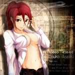  absurdres aozaki_touko breasts cigarette dress_shirt earrings english fe_(12141978) highres jewelry kara_no_kyoukai long_hair looking_at_viewer magic_circle medium_breasts navel open_clothes open_shirt ponytail red_eyes red_hair runes shirt solo unzipped 