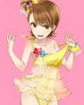  artist_name bow brown_hair collarbone futami_ami hair_bow idolmaster idolmaster_(classic) navel off_shoulder open_mouth panties pink_background see-through short_hair side_ponytail solo star underwear yellow_eyes yellow_panties yuyu_(yuyurhythm) 