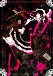  black_hair black_legwear bonnet card celestia_ludenberck copyright_name danganronpa danganronpa_1 drill_hair flower gothic_lolita hamiyanatu highres lolita_fashion long_hair necktie playing_card red_eyes rose smile solo thighhighs twin_drills twintails 