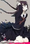  black_hair blood book braid danganronpa danganronpa_1 fukawa_touko glasses grey_background long_hair school_uniform scissors serafuku shijima_tohiro simple_background twin_braids 