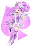  :d arm_warmers boots bow choker cure_sword curly_hair dokidoki!_precure full_body hair_ornament hairpin headphones kenbi_(hi_himmy) kenzaki_makoto magical_girl mosaic_background open_mouth outstretched_hand ponytail precure purple purple_background purple_choker purple_eyes purple_footwear purple_hair purple_legwear purple_skirt ribbon short_hair skirt smile solo spade_(shape) spade_hair_ornament thigh_boots thighhighs zettai_ryouiki 