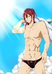  bad_id bad_pixiv_id free! genderswap genderswap_(ftm) grin jacket long_hair male_swimwear matsuoka_gou ponytail red_eyes red_hair smile swim_briefs swimwear yeliang 