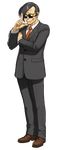  absurdres arm_up auchi_fumitake black_hair formal full_body fuse_takuro glasses gyakuten_saiban gyakuten_saiban_5 hair_over_one_eye highres looking_down male_focus necktie official_art pants sideburns smile smug solo suit sunglasses transparent_background 