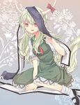  bad_id bad_pixiv_id dress ex-keine fang flower green_dress green_hair highres horn_ribbon horns hyouka_(rat_hut) kamishirasawa_keine long_hair neckerchief open_mouth puffy_sleeves red_eyes ribbon scroll shirt short_sleeves sitting smile solo tail touhou very_long_hair wariza 