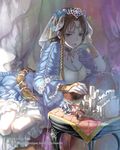  breasts brown_hair chair chin_rest cleavage couch figure green_eyes hair_tubes headdress long_hair looking_at_viewer medium_breasts model_building solo table tenkuu_no_crystalia ushi_(newrein) watermark 