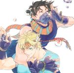  2boys ^_^ arm_around_neck bad_id bad_pixiv_id black_hair blonde_hair bubble caesar_anthonio_zeppeli closed_eyes crop_top earrings facial_mark feathers fingerless_gloves gloves green_eyes hair_feathers head_wings headband jewelry jojo_no_kimyou_na_bouken joseph_joestar_(young) mask multiple_boys muscle salute scarf sleeveless sleeveless_turtleneck smile striped striped_scarf turtleneck white_background 