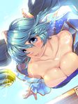  beamed_eighth_notes blue_eyes blue_hair breasts cleavage collarbone eighth_note half_note large_breasts league_of_legends lips long_hair looking_at_viewer low_neckline musical_note quarter_note solo sona_buvelle staff_(music) tororoto treble_clef twintails 