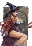  armpits bare_shoulders breasts brown_eyes brown_hair cleavage detached_sleeves dragon's_crown hat huge_breasts long_hair side_slit sketch skirt solo sorceress_(dragon's_crown) sowel_(sk3) staff vanillaware witch_hat 