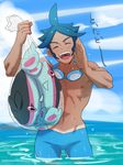  @@@ ahoge bad_id bad_pixiv_id blue_hair closed_eyes finneon gen_4_pokemon goggles male_focus open_mouth pokemon pokemon_(creature) pokemon_(game) pokemon_bw2 shizui_(pokemon) smile swimsuit tan 