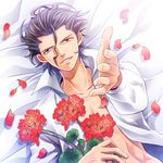  ahoge black_hair casual fate/zero fate_(series) flower holiday-jin lancer_(fate/zero) looking_at_viewer male_focus mole mole_under_eye open_clothes open_shirt outstretched_hand petals shirt solo yellow_eyes 