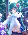  aqua_eyes aqua_hair cameltoe flower hair_flower hair_ornament hatsune_miku long_hair panties pantyshot pantyshot_(sitting) sitting skirt solo thighhighs twintails underwear very_long_hair vocaloid yasuno_(airy_light) 