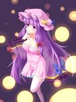  bad_id bad_pixiv_id bell blurry blush bokeh bow breasts cleavage crescent depth_of_field hair_bell hair_ornament hat large_breasts long_hair long_sleeves looking_at_viewer patchouli_knowledge pink_legwear purple_eyes purple_hair smile solo thighhighs touhou transistor wide_sleeves 