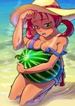  beach breast_press breasts cleavage day food freckles fruit green_eyes hat hot ian_chase kneeling medium_breasts naked_overalls ocean open_mouth overalls red_hair sand shaded_face shoes short_twintails sideboob sneakers solo strap_slip sun_hat sweat tan tanline tentacle_bento twintails watermelon 