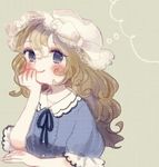  blonde_hair blue_eyes blush hand_on_own_face hat long_hair looking_at_viewer maribel_hearn mob_cap ribbon short_sleeves simple_background smile solo thinking touhou yujup 