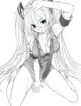  arm_support arm_up armband breasts green_eyes greyscale hatsune_miku highres long_hair medium_breasts monochrome no_pants panties sasaki_shou sitting solo striped striped_panties twintails underwear very_long_hair vocaloid 