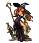  bare_shoulders child detached_sleeves dragon&#039;s_crown dragon's_crown flat_chest hat hat_over_one_eye long_hair looking_at_viewer off_shoulder red_eyes red_hair side_slit skeleton smile sorceress_(dragon&#039;s_crown) sorceress_(dragon's_crown) staff sword vanillaware weapon witch_hat young younger 