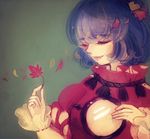  blush breasts closed_eyes green_background hair_ornament jewelry leaf lips long_sleeves maple_leaf medium_breasts mirror necklace purple_hair rope shimenawa short_hair smile solo touhou yasaka_kanako yujup 