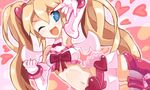  \m/ blonde_hair blush boots bow bracelet crop_top disgaea disgaea_d2 elbow_gloves flonne gloves heart jewelry long_hair midriff miniskirt multicolored multicolored_eyes open_mouth pink pink_bow pink_footwear pure_flonne rushiya seikan_hikou skirt solo twintails 