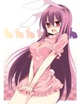  animal_ears bad_anatomy blush breasts bunny bunny_ears bunny_tail cosplay dress dress_tug highres inaba_tewi inaba_tewi_(cosplay) jewelry long_hair maturiuta_sorato medium_breasts open_mouth pendant pink_skirt purple_hair red_eyes reisen_udongein_inaba skirt solo tail touhou v_arms 