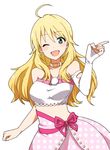  ;d ahoge blonde_hair blush breasts gloves green_eyes hoshii_miki idolmaster idolmaster_(classic) kidachi long_hair looking_at_viewer medium_breasts midriff one_eye_closed open_mouth shirt simple_background single_glove smile solo taut_clothes taut_shirt white_background 