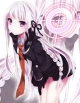  bad_id bad_pixiv_id bent_over braid crosshair danganronpa danganronpa_1 etou_(cherry7) frown gloves hair_ribbon highres jacket kirigiri_kyouko long_hair necktie pleated_skirt purple_eyes purple_hair ribbon skirt solo zoom_layer 