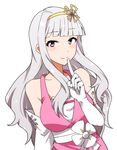  blush breasts elbow_gloves finger_to_mouth gloves hair_ribbon idolmaster idolmaster_(classic) kidachi large_breasts long_hair looking_at_viewer purple_eyes ribbon shijou_takane simple_background smile solo white_background 