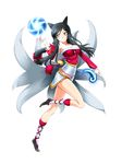  adon_(adtech) ahri animal_ears bare_shoulders black_hair braid breasts bursting_breasts cleavage detached_sleeves energy_ball fox_ears fox_tail hair_ribbon league_of_legends legs long_hair medium_breasts multiple_tails ribbon single_braid skirt smile solo tail thighs yellow_eyes 