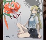  bare_legs barefoot blonde_hair blue_eyes commentary dirty_feet feet flower headphones long_hair necktie original plant pleated_skirt school_uniform sitting skirt soles tiger_lily ymr 