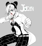  bad_id bad_pixiv_id blood double_bun fighting_stance jacket jojo_no_kimyou_na_bouken kuujou_jolyne kyykttk midriff nosebleed solo spot_color stone_ocean 