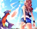  1girl ass black_jacket blue_shorts blue_sky brown_hair creatures_(company) day flygon from_behind from_below game_freak garchomp gen_3_pokemon gen_4_pokemon hat jacket long_hair nintendo open_clothes open_jacket outdoors peaked_cap pokemon pokemon_(game) pokemon_bw shirt short_shorts shorts sky sleeveless sleeveless_shirt torn_clothes torn_shorts touko_(pokemon) white_hat white_shirt z.nov 