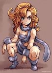  ankle_boots ayla_(chrono_trigger) bandeau bare_shoulders blue_eyes boots breasts chrono_trigger cleavage curly_hair full_body fur_trim highres knees loincloth long_hair medium_breasts midriff navel orange_hair parororo second-party_source simple_background smile solo squatting tail toned 