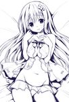  babydoll breasts cleavage copyright_request hair_ornament lineart long_hair medium_breasts monochrome navel oryou panties solo underwear 