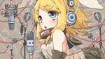  blonde_hair blue_eyes bow cable chitetan hair_ornament hairclip headphones kagamine_rin microphone short_hair solo vocaloid 